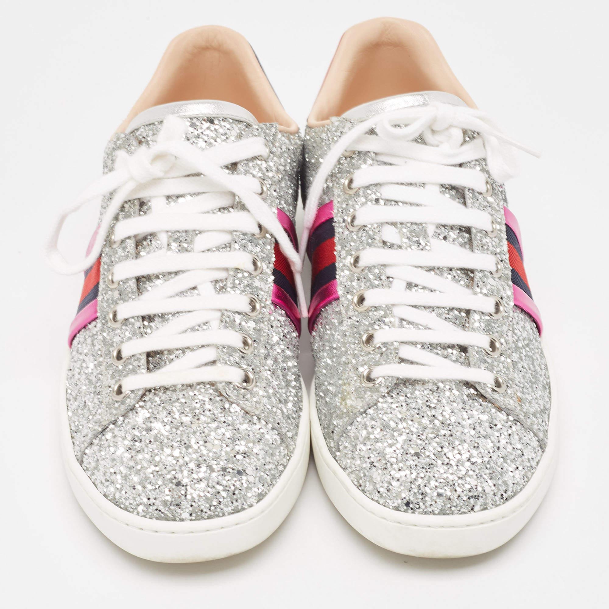 Gucci Silver Glitter and Leather Ace Sneakers Size 37.5 In Good Condition In Dubai, Al Qouz 2