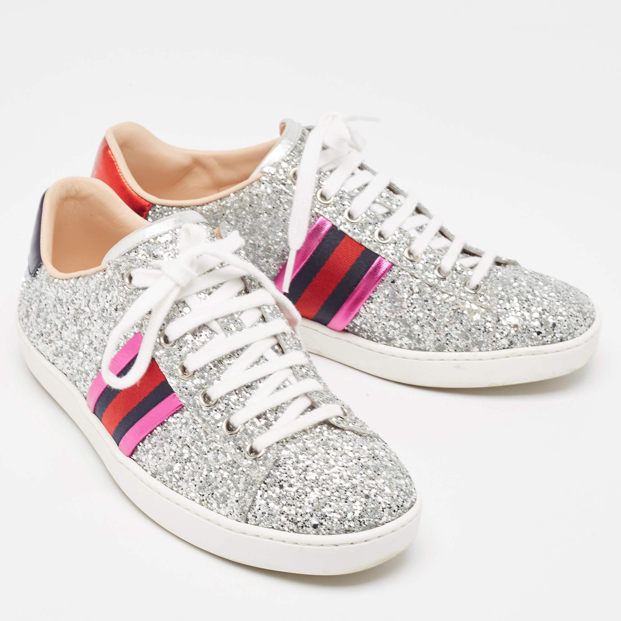 Women's Gucci Silver Glitter and Leather Ace Sneakers Size 37.5