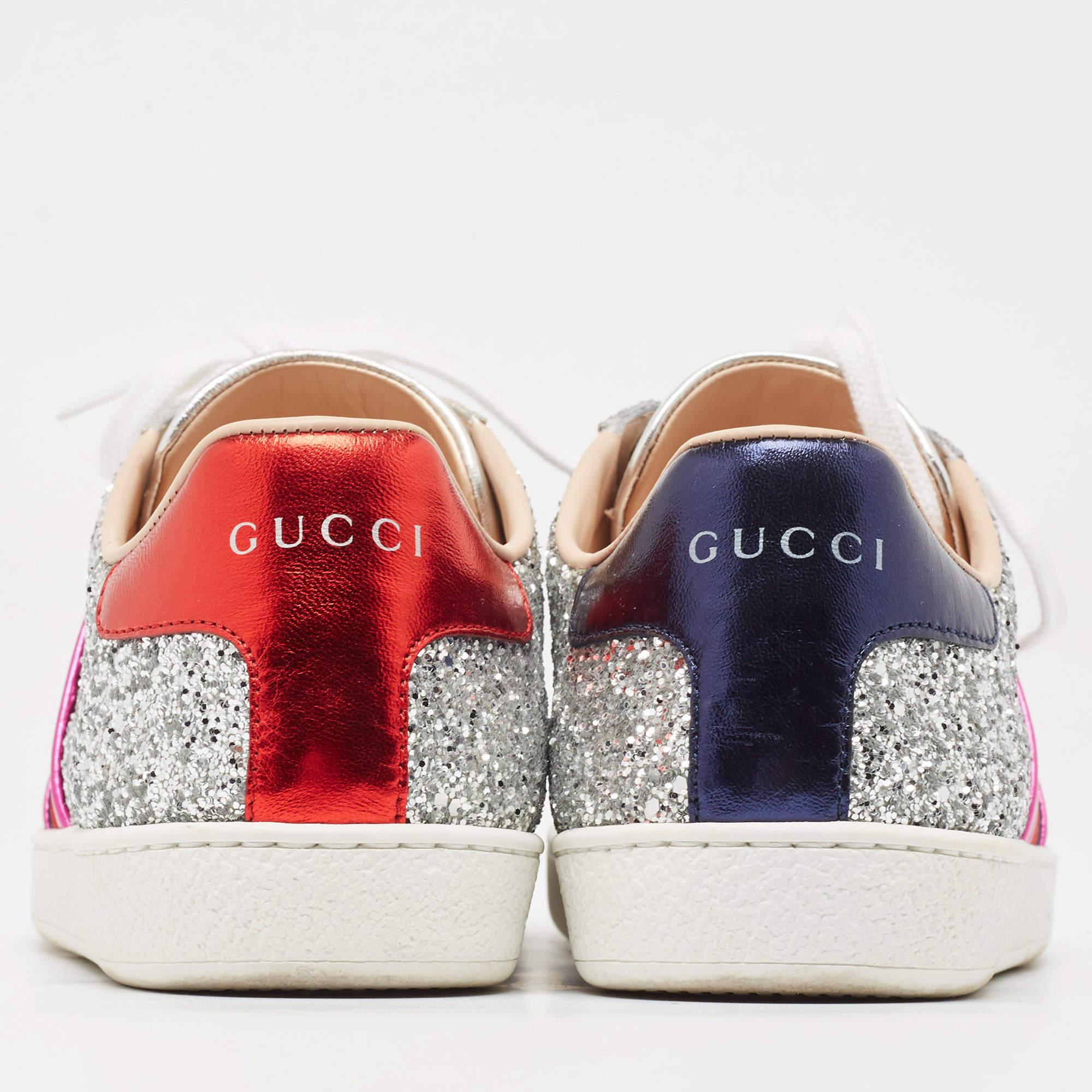 Gucci Silver Glitter and Leather Ace Sneakers Size 37.5 1