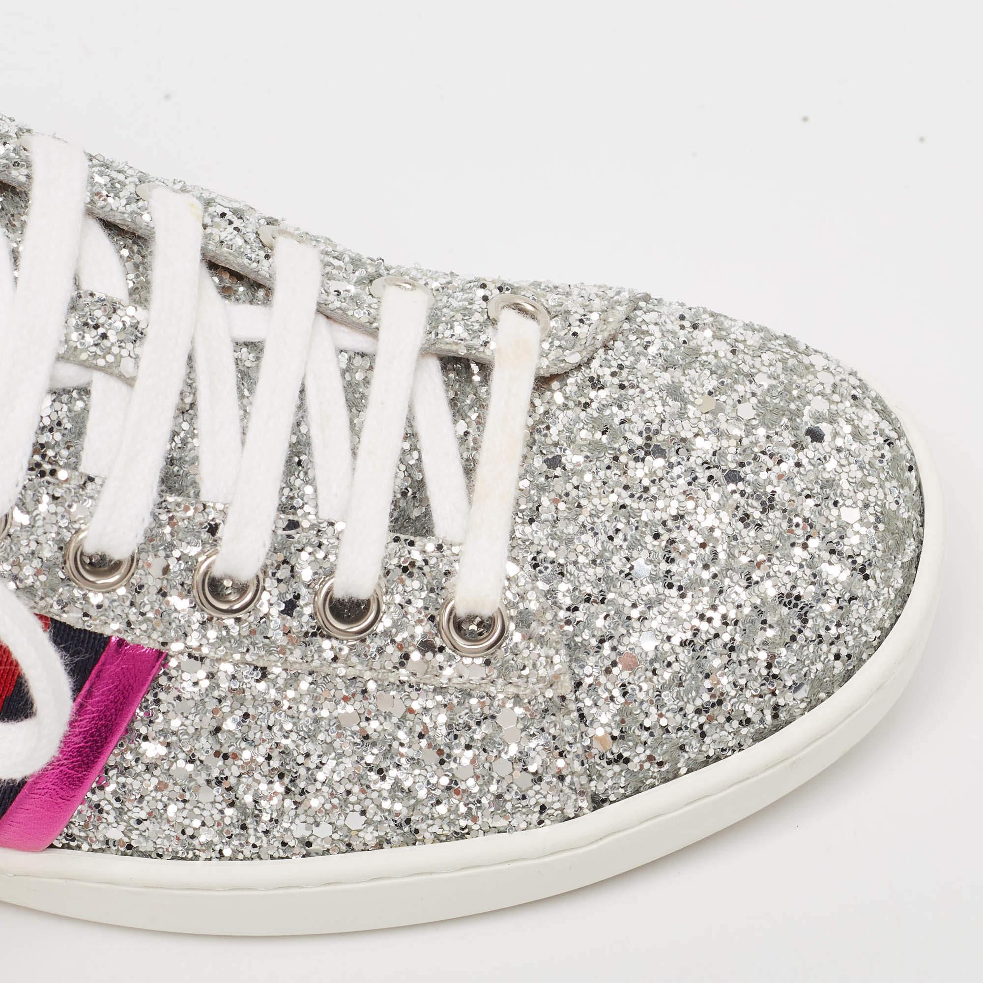 Gucci Silver Glitter and Leather Ace Sneakers Size 37.5 3