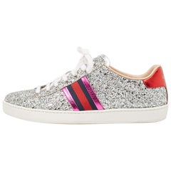 Gucci Silver Glitter and Leather Ace Sneakers Size 37.5