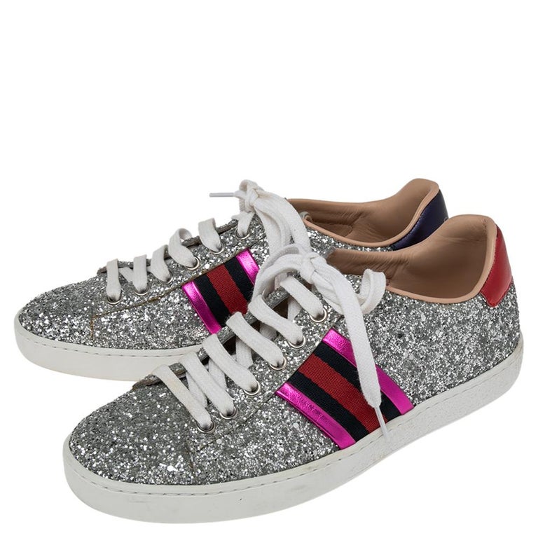 Gucci Silver Glitter Titan Web Studded Low Top Sneakers Size 39 at 1stDibs