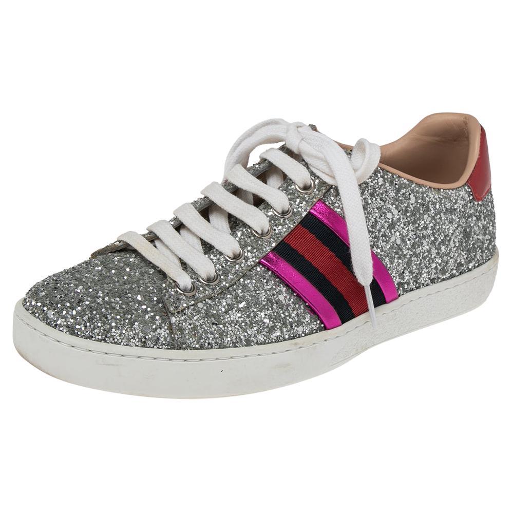 Gucci Silver Glitter And Leather Ace Web Low Top Sneakers Size 36 at  1stDibs | gucci ace glitter sneakers