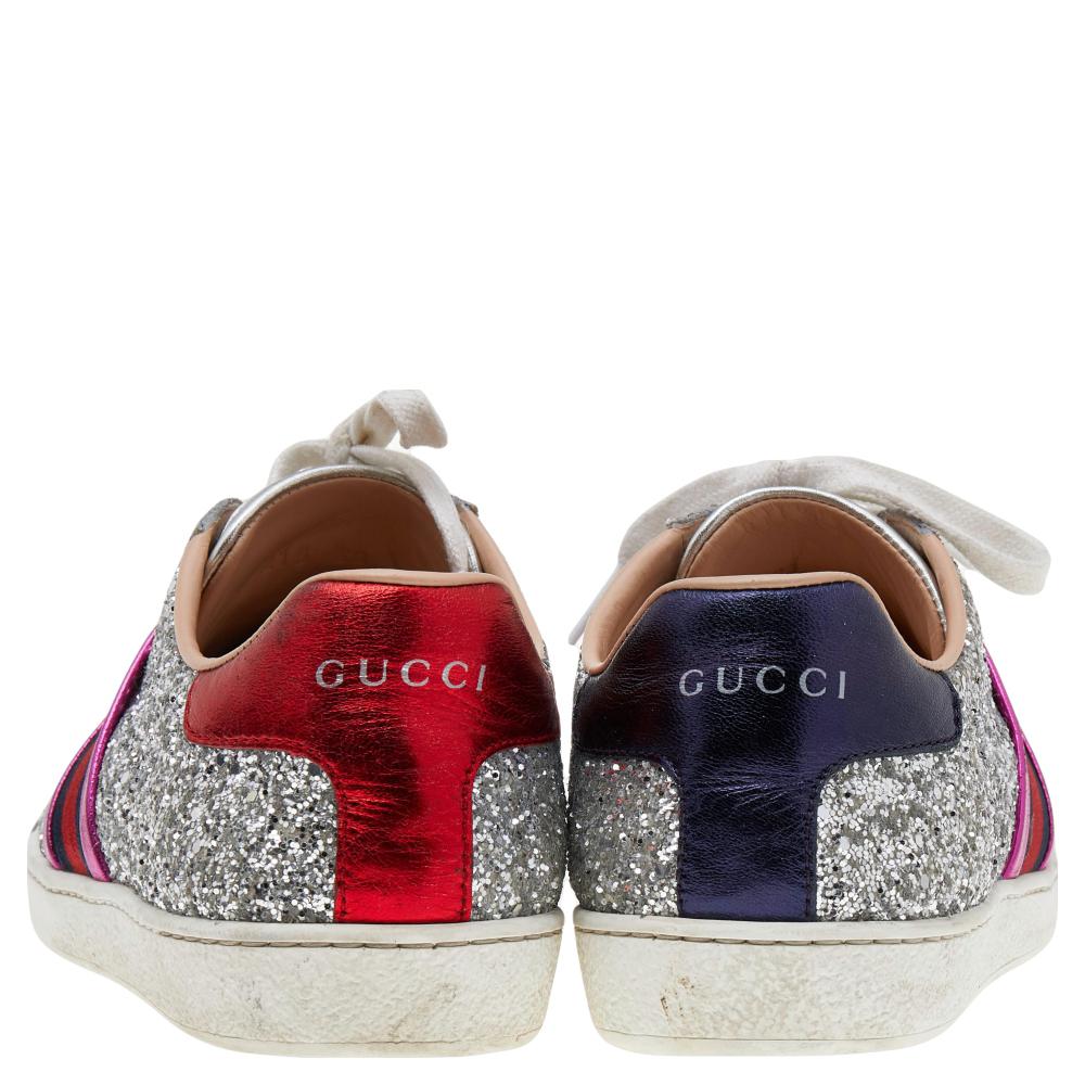 Gucci Silver Glitter And Leather Ace Web Low-top Sneakers Size 38 In Good Condition In Dubai, Al Qouz 2