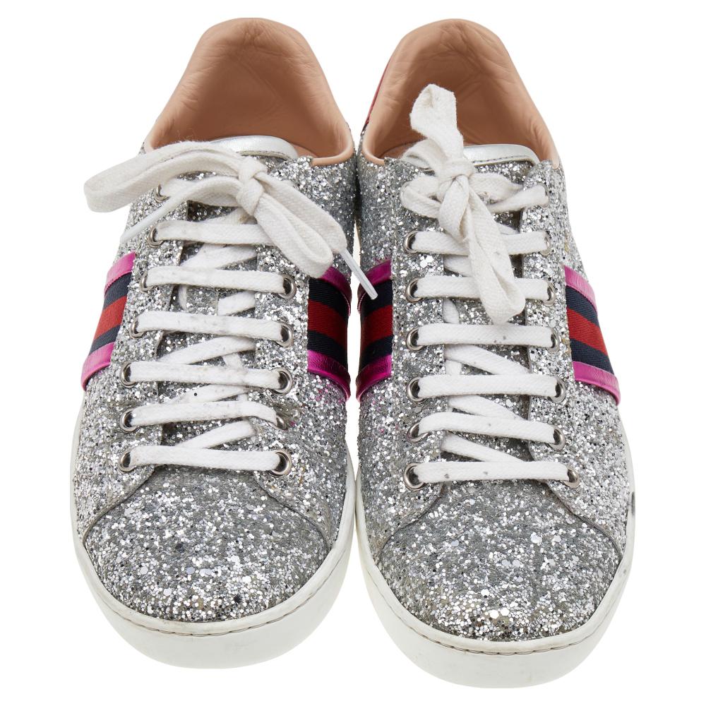 Women's Gucci Silver Glitter And Leather Ace Web Low-top Sneakers Size 38