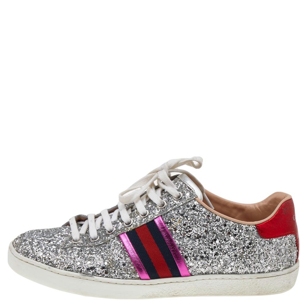 Gucci Silver Glitter And Leather Ace Web Low-top Sneakers Size 38 1