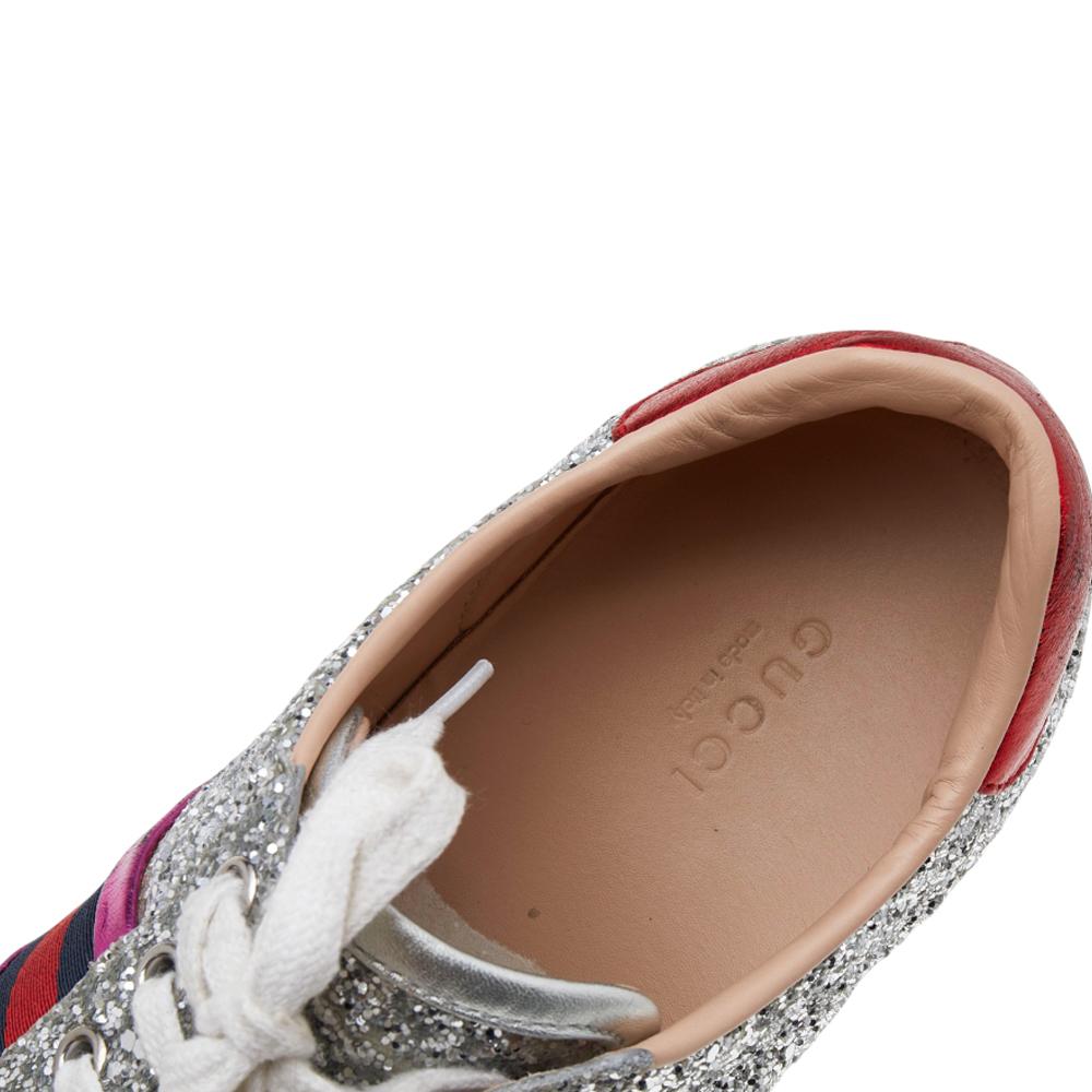 Gucci Silver Glitter And Leather Ace Web Low-top Sneakers Size 38 2