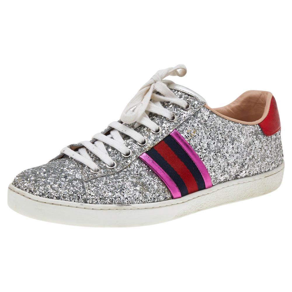 Gucci Silver Glitter And Leather Ace Web Low-top Sneakers Size 38