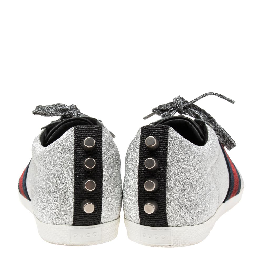 Gucci Silver Glitter Bambi Web Detail Low Top Sneakers Size 38 In Good Condition In Dubai, Al Qouz 2