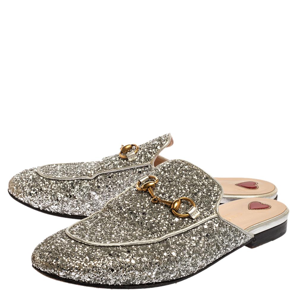 Brown Gucci Silver Glitter Leather Princetown Flat Mule Size 37.5