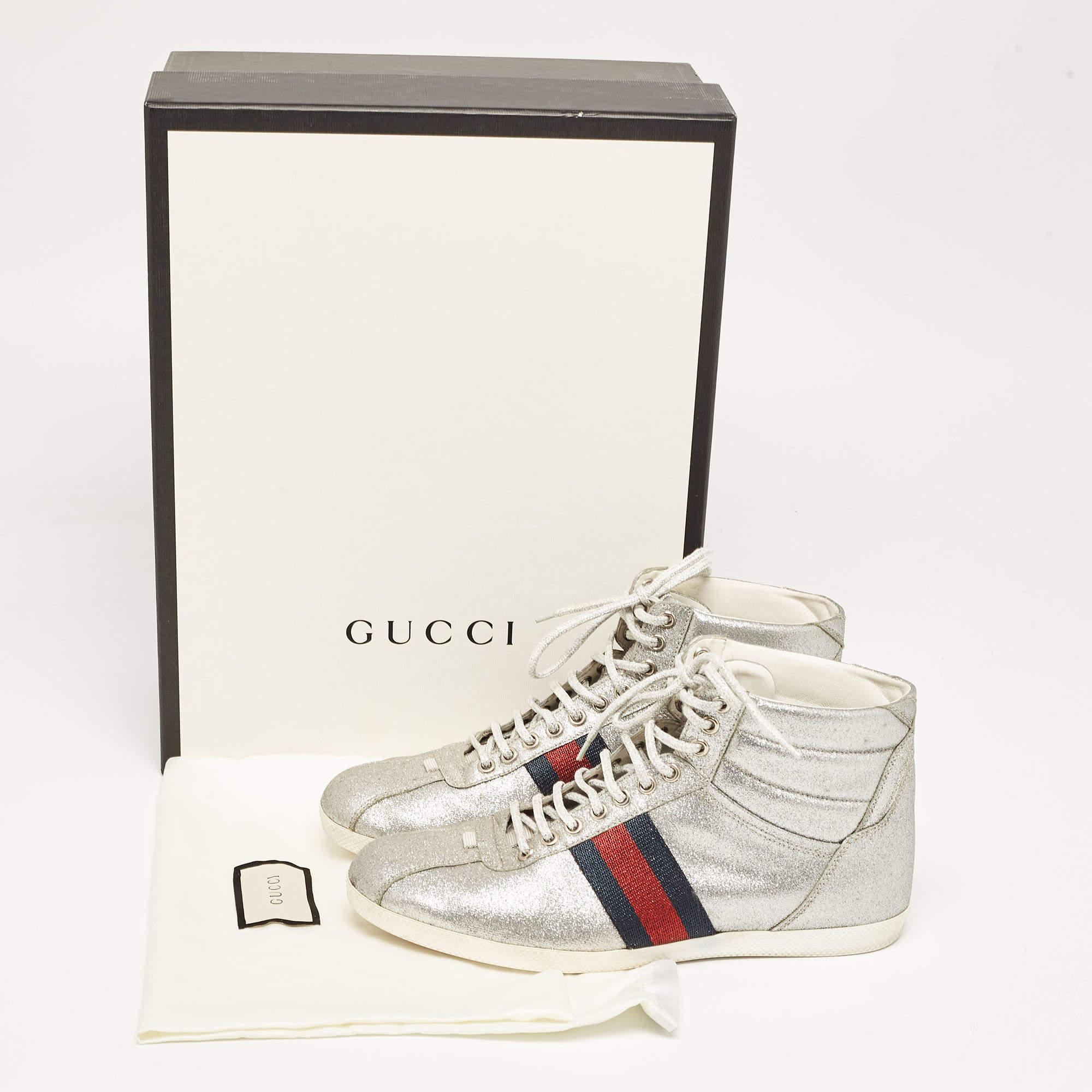 Gucci Silber Glitter Web High Top Turnschuhe Größe 41,5 im Angebot 5