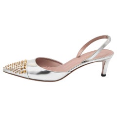 Gucci Silver Glossy Leather Studded Cap Toe Slingback Sandals Size 39