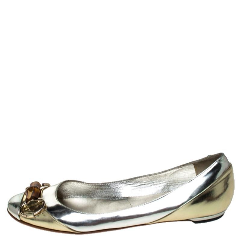 Women's Gucci Silver/Gold Leather Bamboo Horsebit Ballet Flats Size 37.5