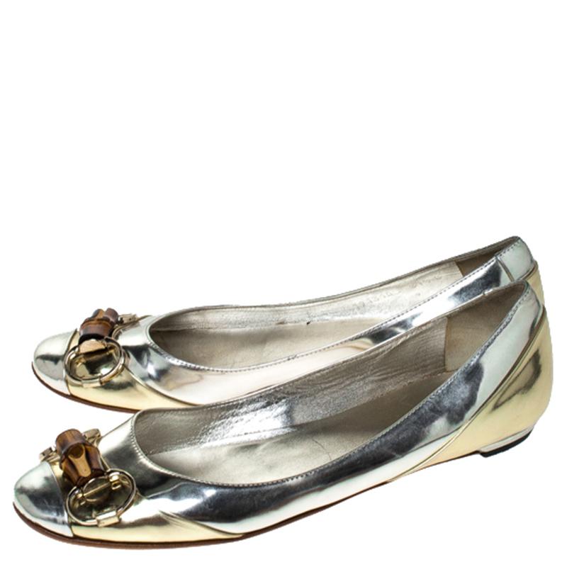 Gucci Silver/Gold Leather Bamboo Horsebit Ballet Flats Size 37.5 2