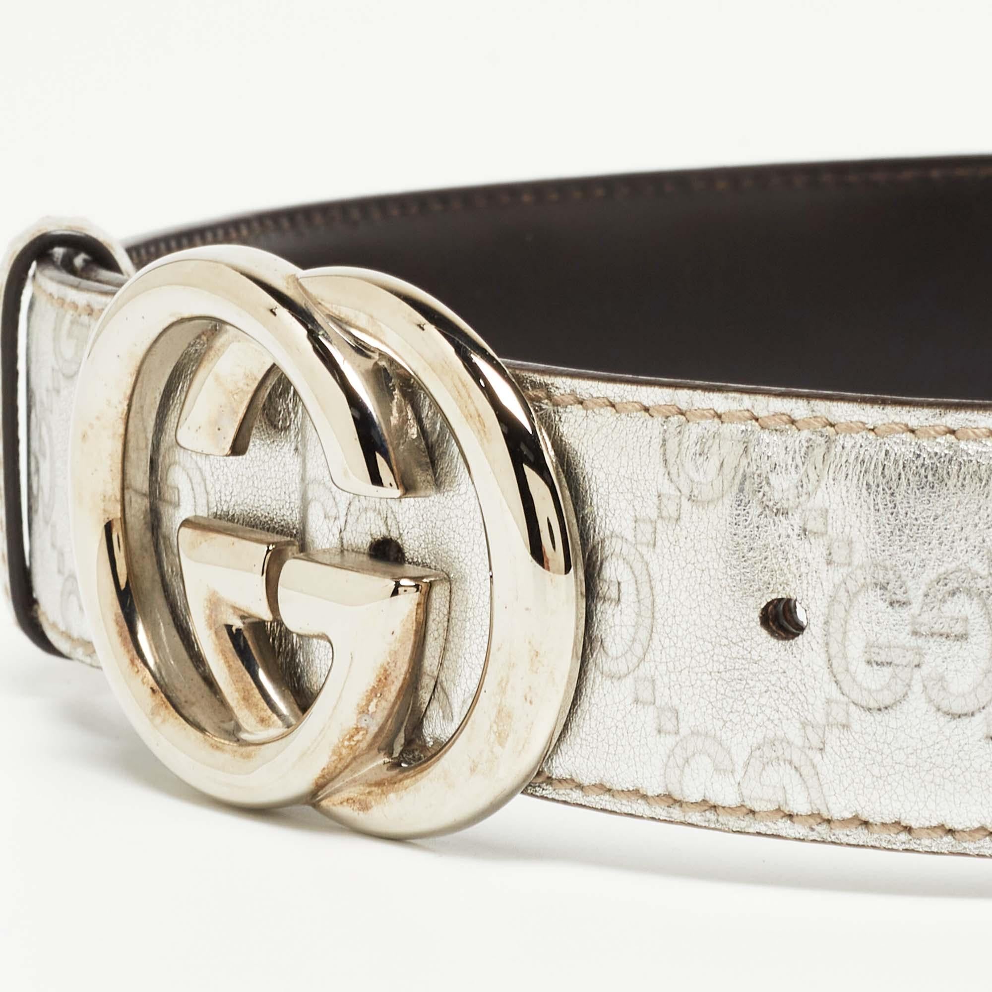 Women's Gucci Silver Guccissima Leather Interlocking G Buckle Belt 80CM