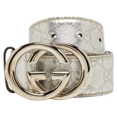 Gucci Silver Guccissima Leather Interlocking G Buckle Belt 80CM