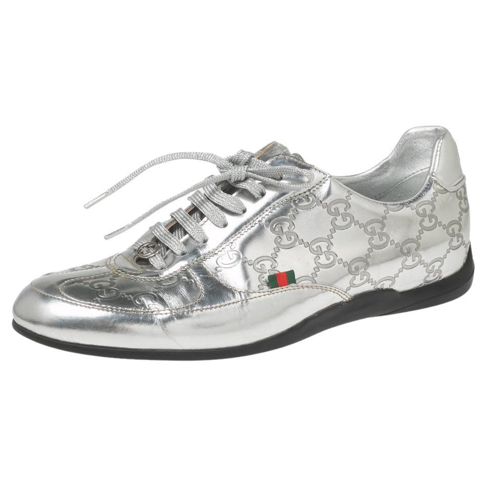 Gucci Silver Guccissima Leather Low Top Sneakers Size 38