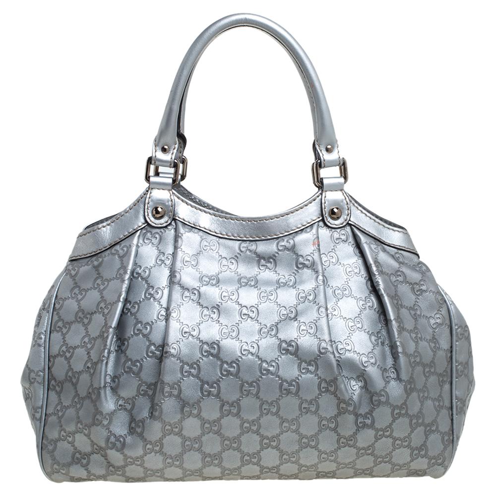 Women's Gucci Silver Guccissima Leather Medium Sukey Tote