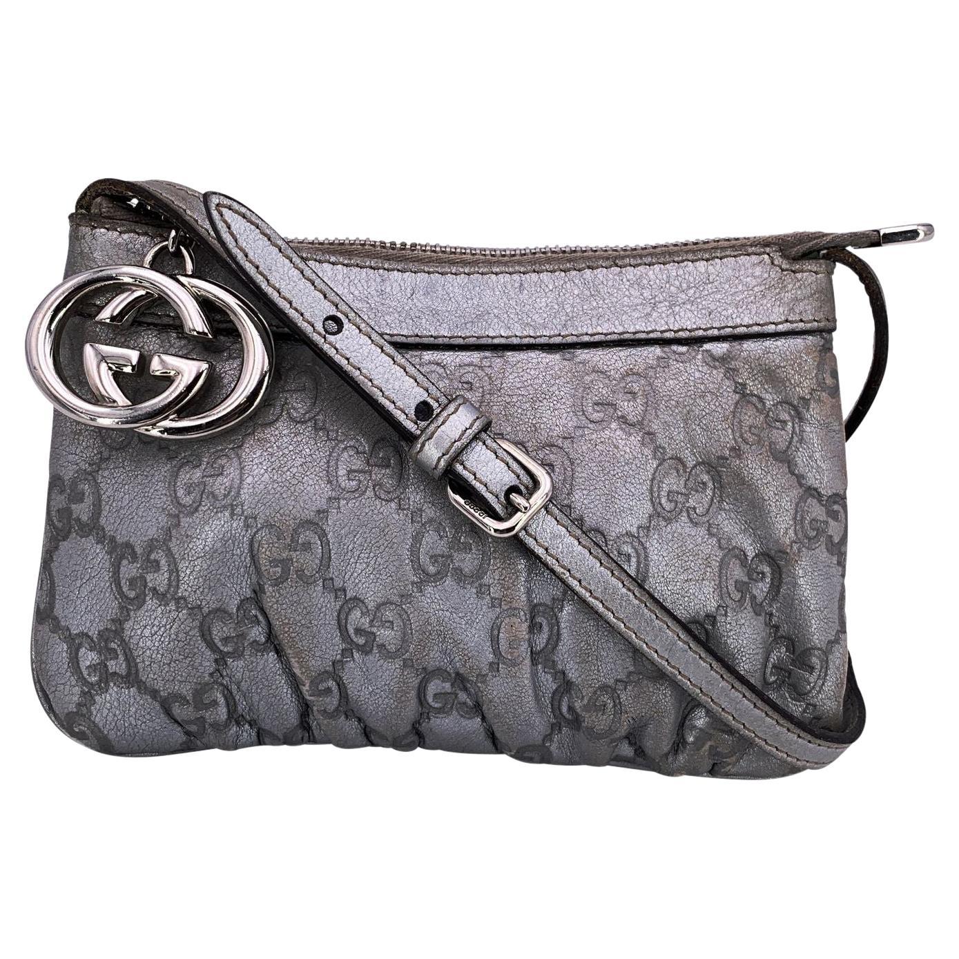 Gucci Silver Guccissima Leather Mini Crossbody Messenger Bag
