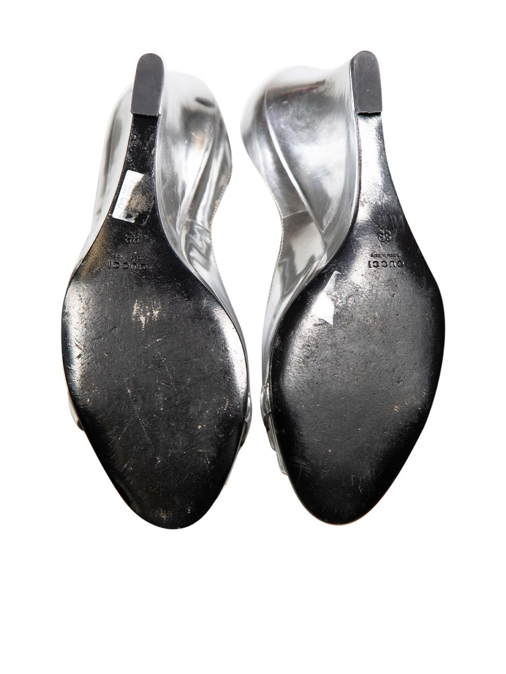 Women's Gucci Silver Horsebit Ankle Strap Wedges Size US 8