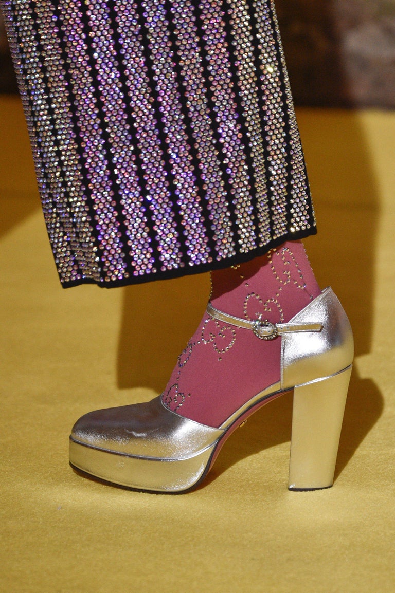 GUCCI silver leather 2018 AGON Ankle Strap Platform Pumps Shoes 36