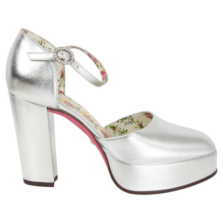 GUCCI silver leather 2018 AGON Ankle Strap Platform Pumps Shoes 36
