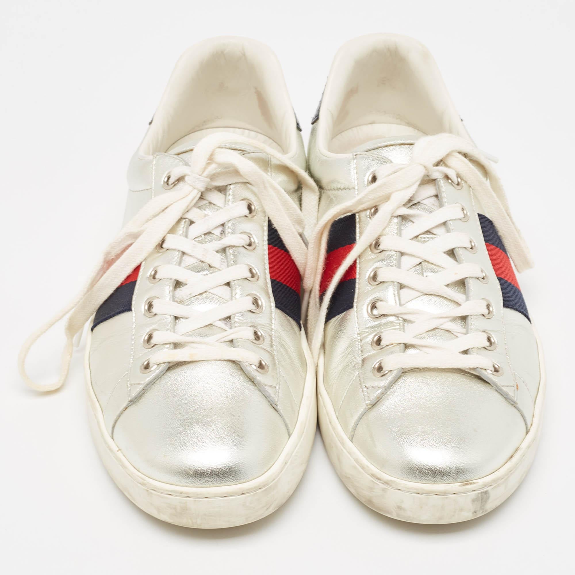 Beige Gucci Silver Leather Ace Sneakers Size 42.5