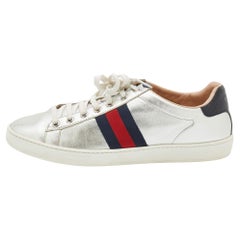 Gucci Silver Leather Ace Web Low Top Sneakers Size 39