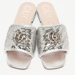 Gucci Silver Leather and Sequins Double G Flat Slides Size 37.5