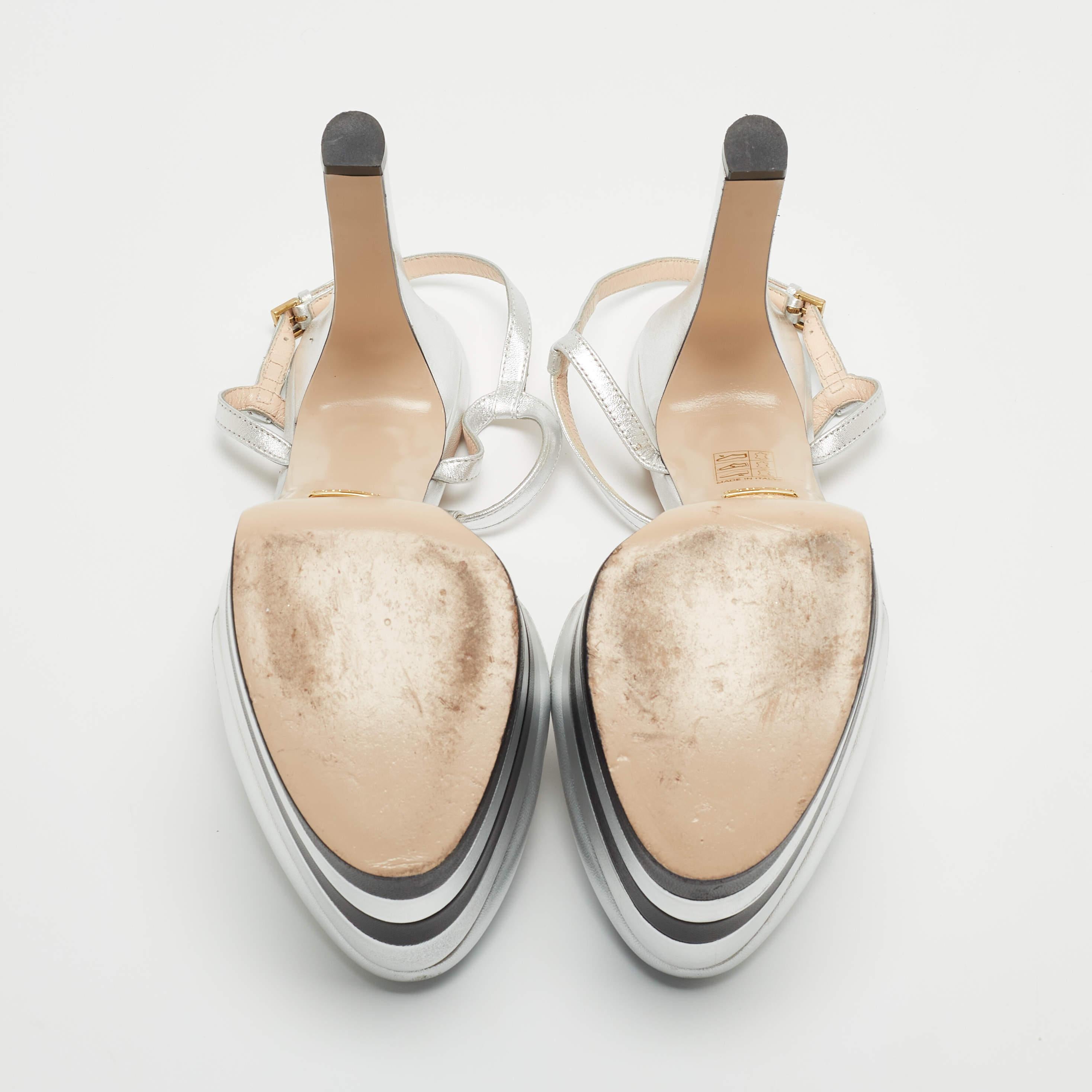 Gucci Silver Leather Angel Platform Ankle Strap Sandals  4