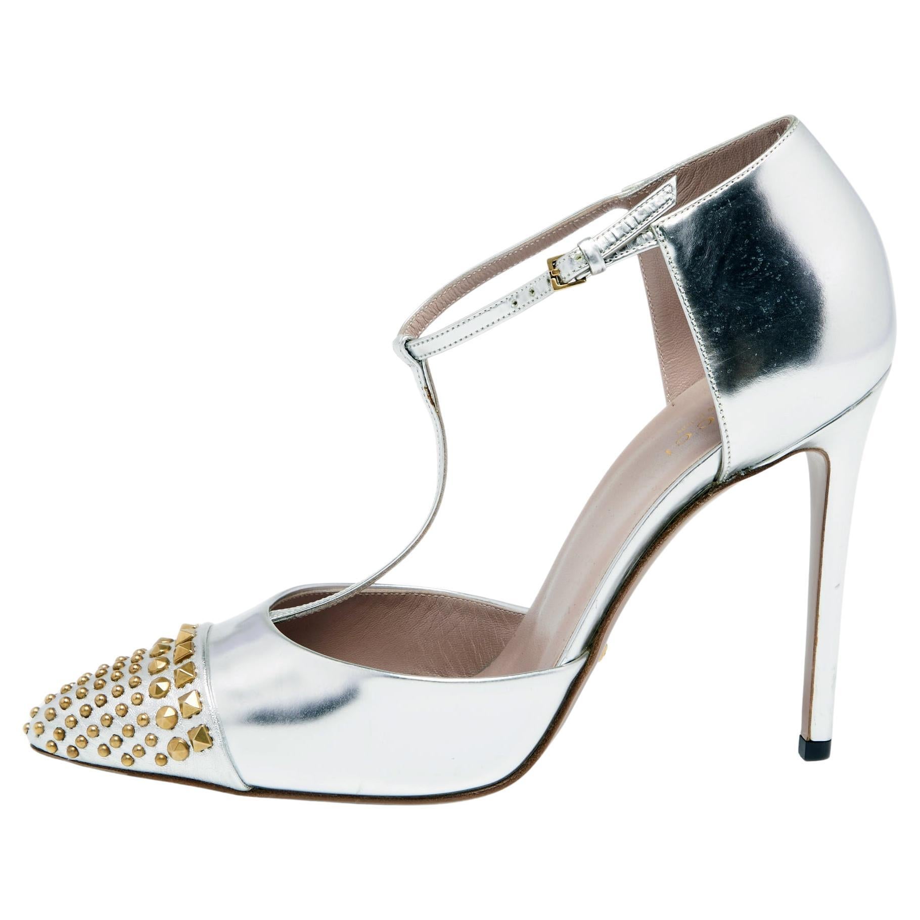 Gucci Silver Leather Peep-Toe Slingback Pumps For Sale at 1stDibs