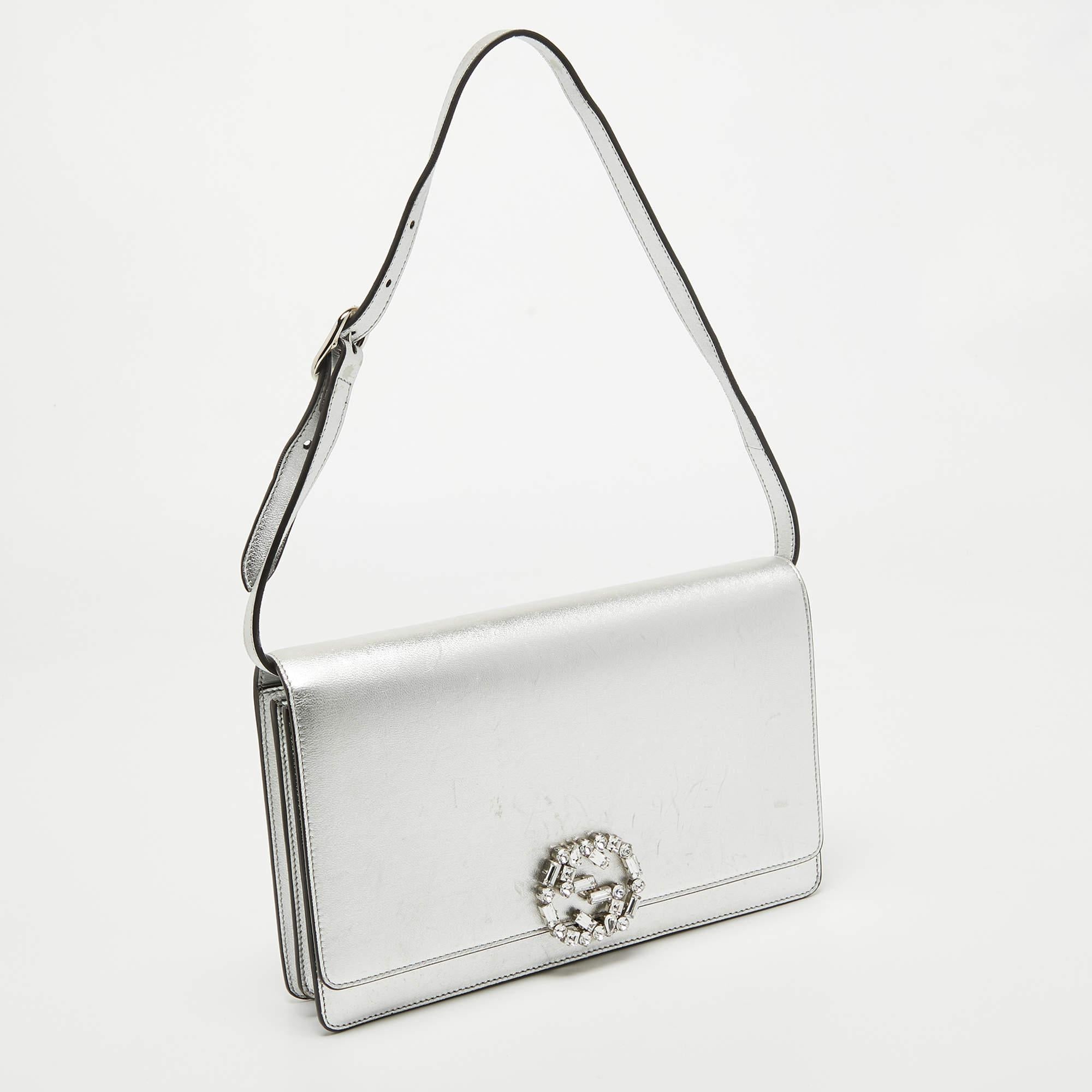 Gucci Silver Leather Crystal Embellished Broadway Shoulder Bag 2