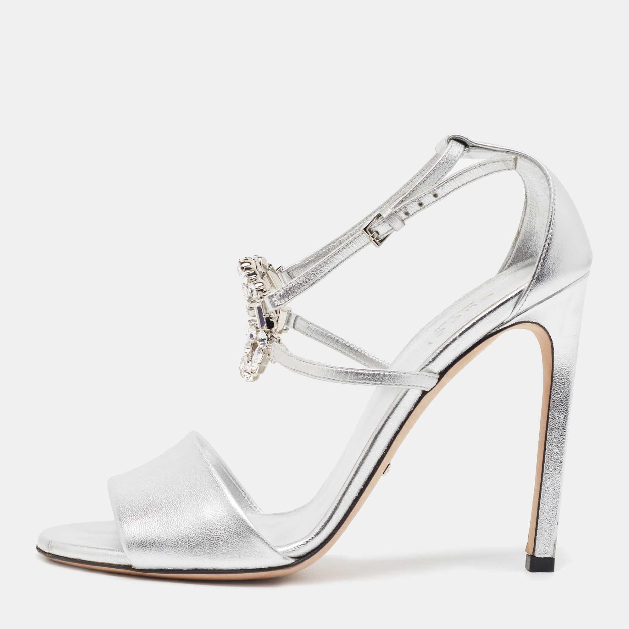 Women's Gucci Silver Leather Crystal Embellished GG Logo Ankle Strap Sandals Size 37 For Sale