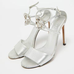 Gucci Silver Leather Crystal Embellished GG Logo Ankle Strap Sandals Size 37.5