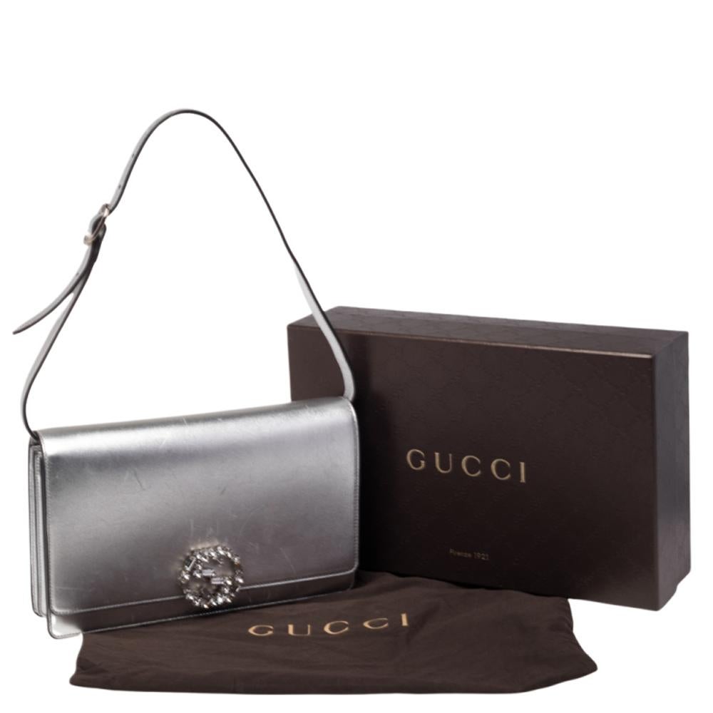 Gucci Silver Leather Crystal Embellished Interlocking G Broadway Clutch 6