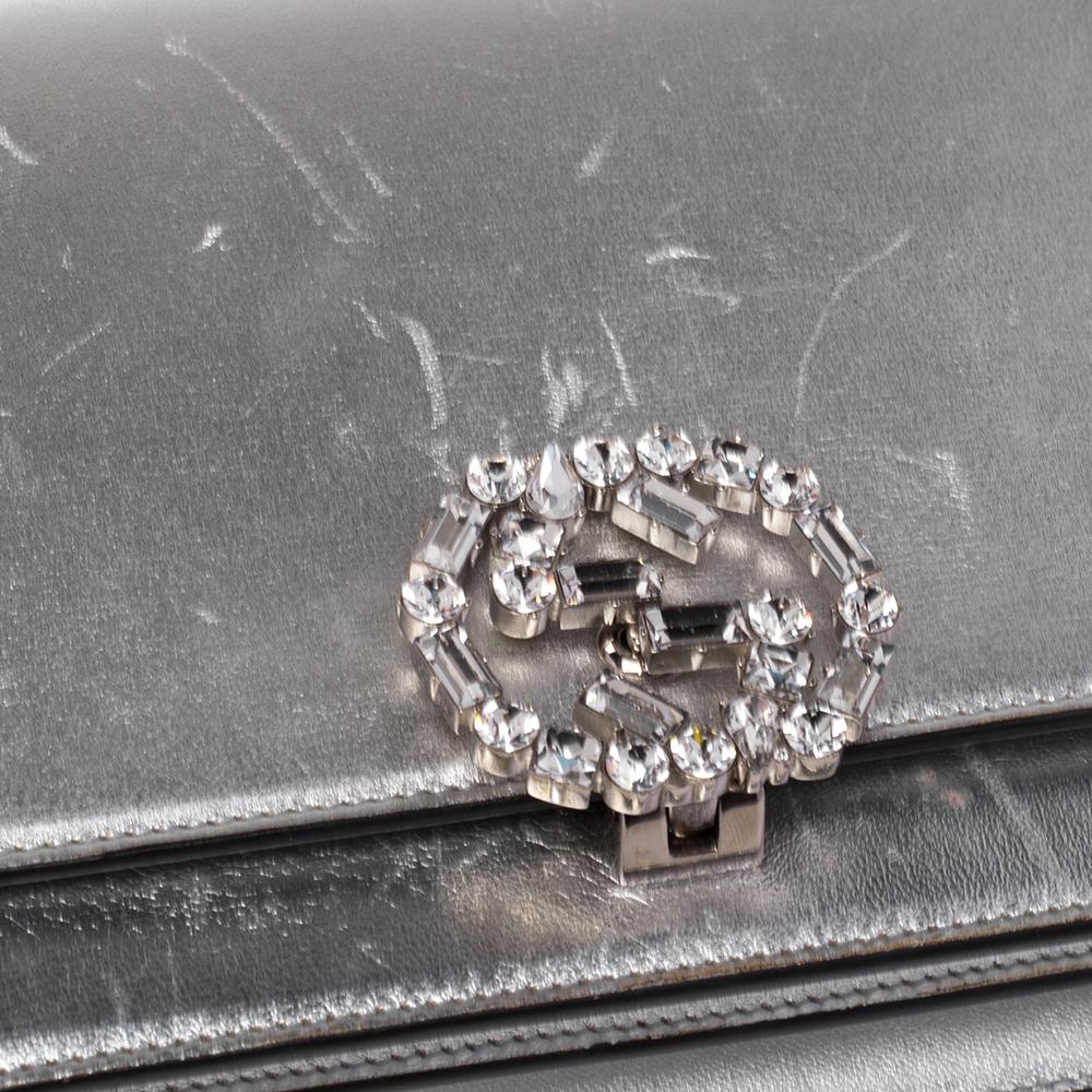 Gucci Silver Leather Crystal Embellished Interlocking G Broadway Clutch 1