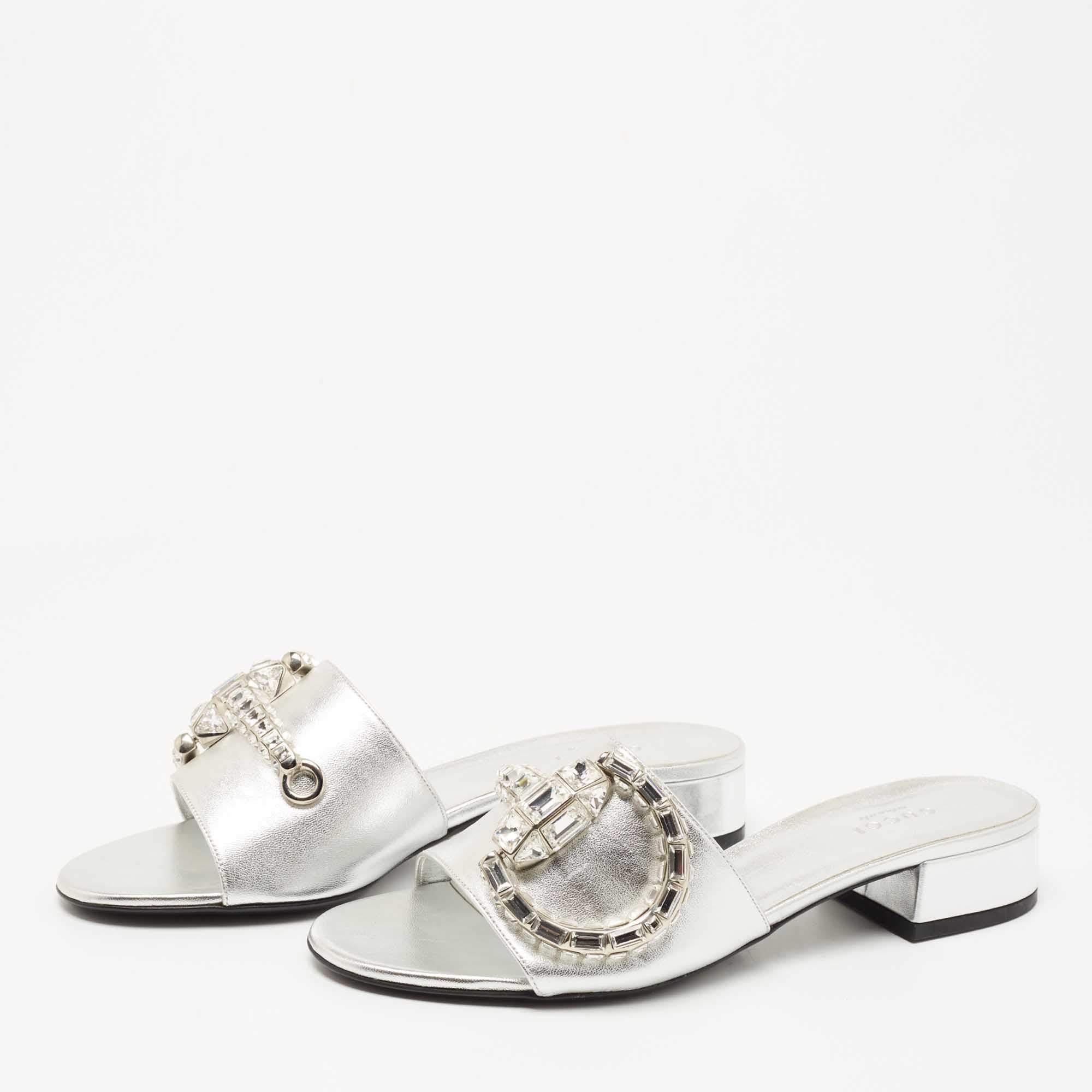 Women's Gucci Silver Leather Crystal Embellished Maxime Slide Sandals Size 37.5