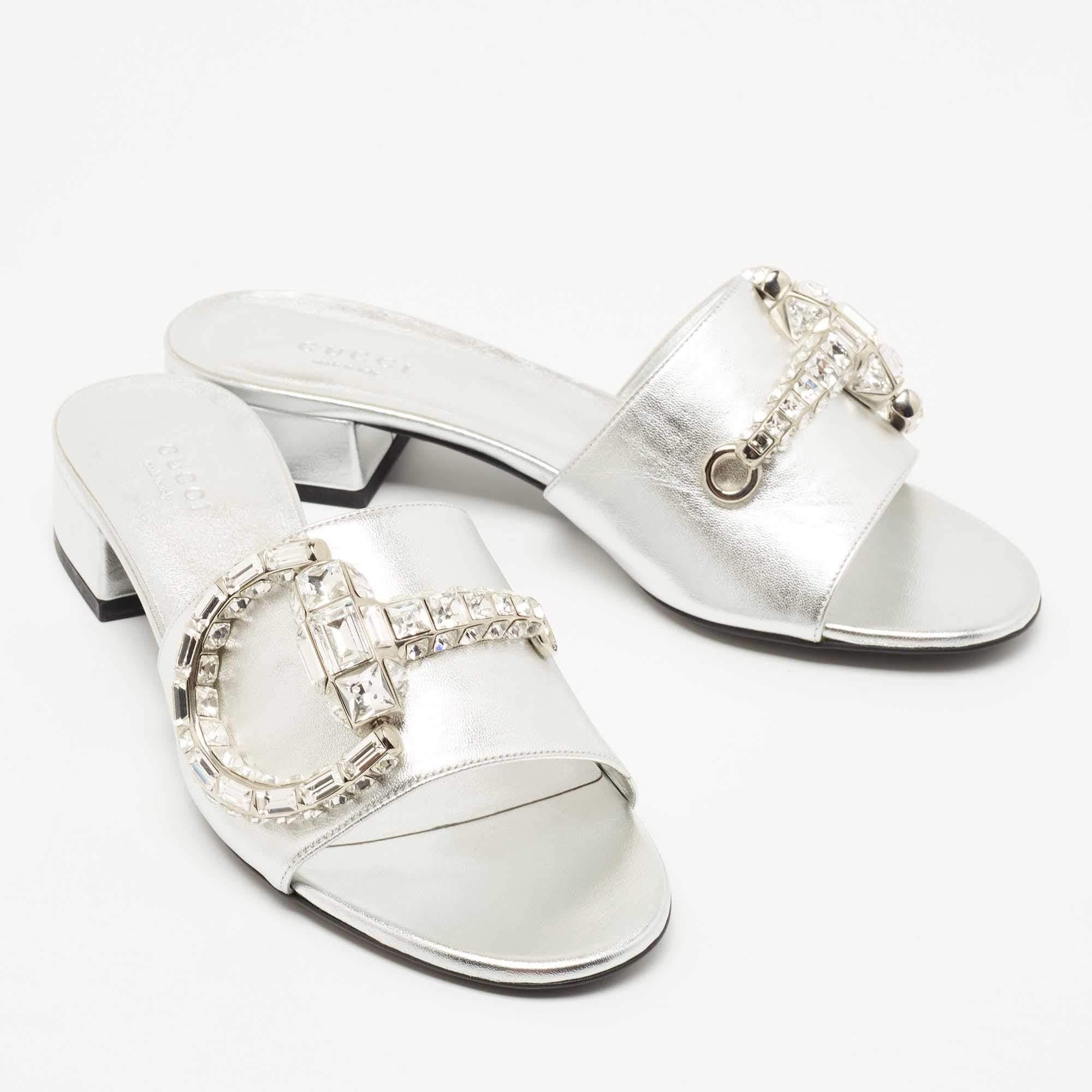 Gucci Silver Leather Crystal Embellished Maxime Slide Sandals Size 37.5 1