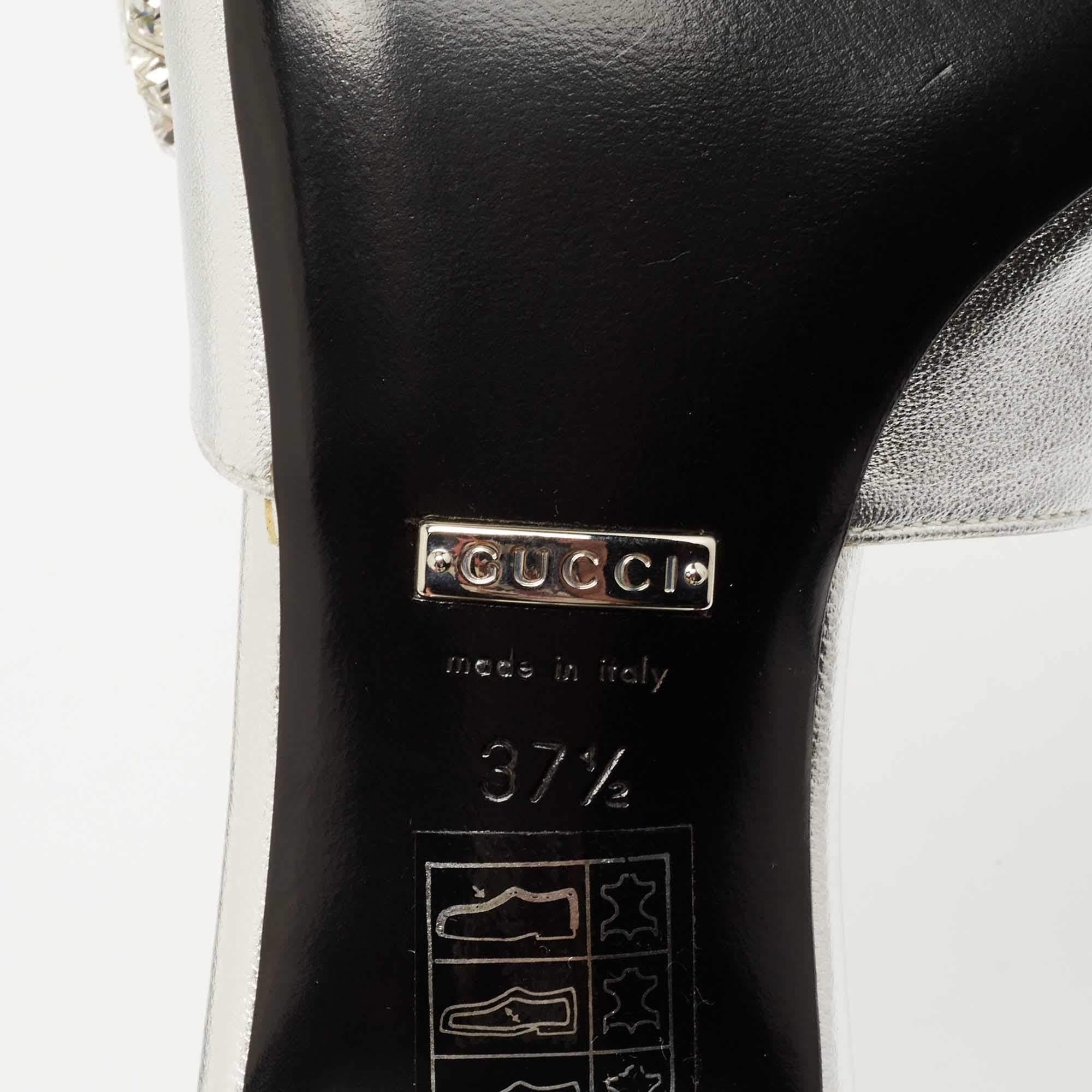 Gucci Silver Leather Crystal Embellished Maxime Slide Sandals Size 37.5 3