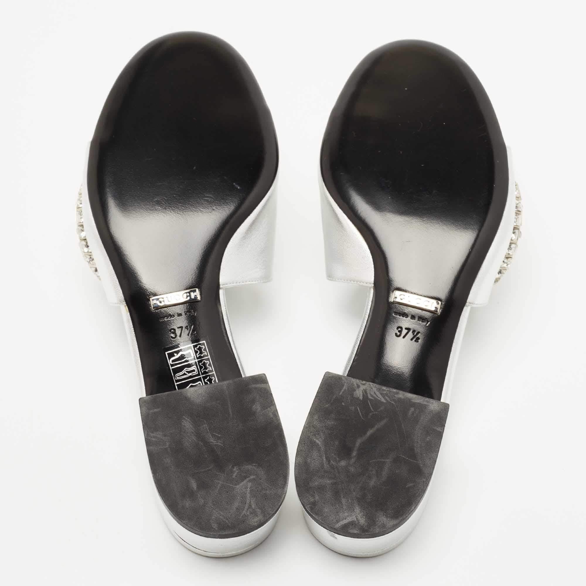 Gucci Silver Leather Crystal Embellished Maxime Slide Sandals Size 37.5 5