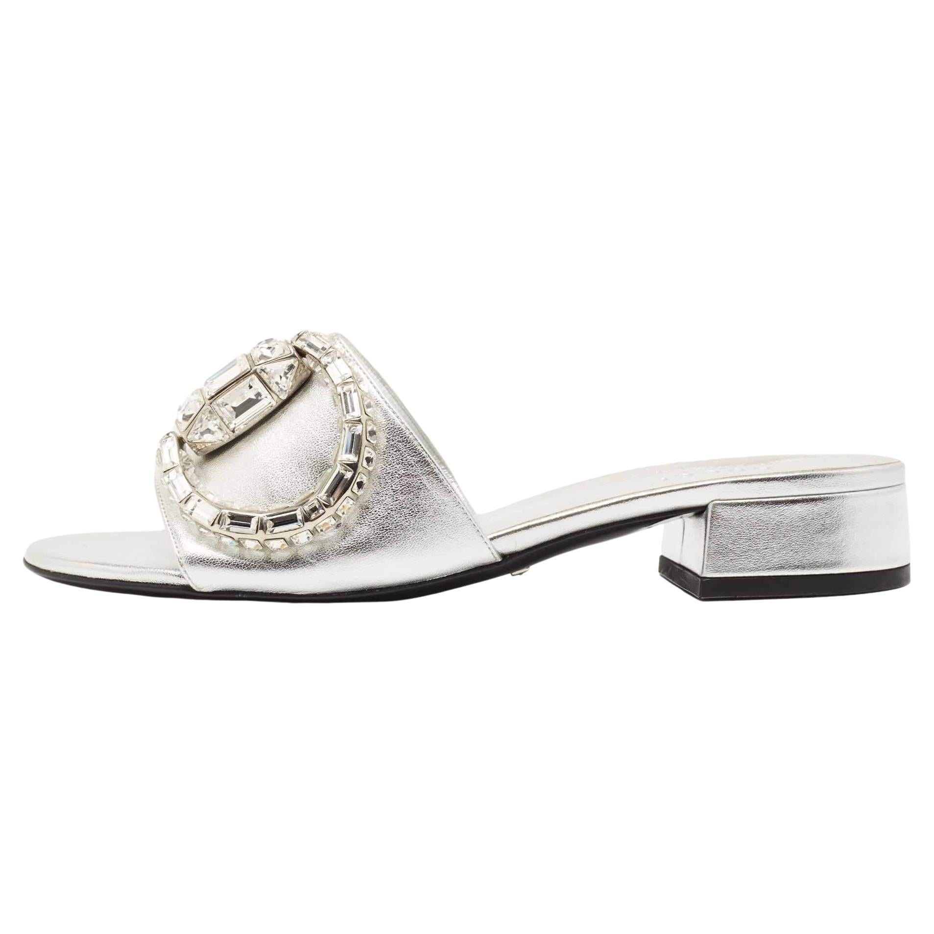 Gucci Silver Leather Crystal Embellished Maxime Slide Sandals Size 37.5