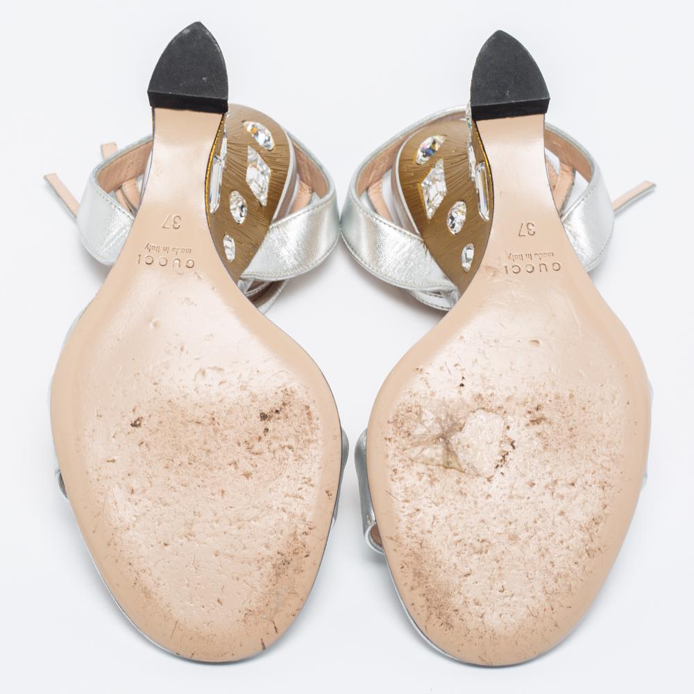 Women's Gucci Silver Leather Crystal Embellished Wedge Sandals Size 37