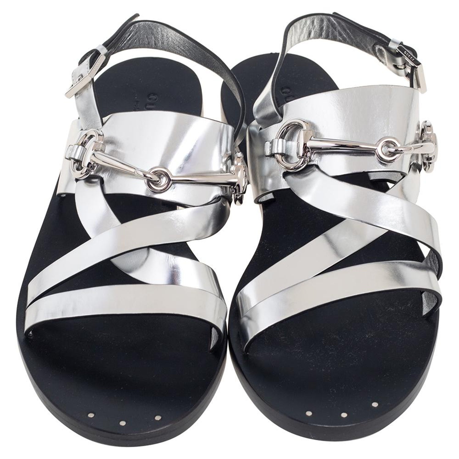 Gucci Silver Leather Horsebit Flat Sandals Size 38 at 1stDibs