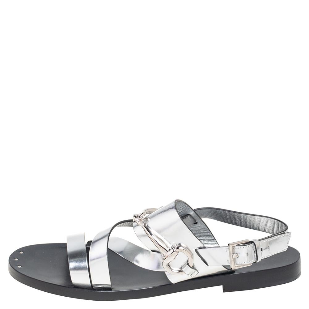 Women's Gucci Silver Leather Horsebit Flat Sandals Size 38