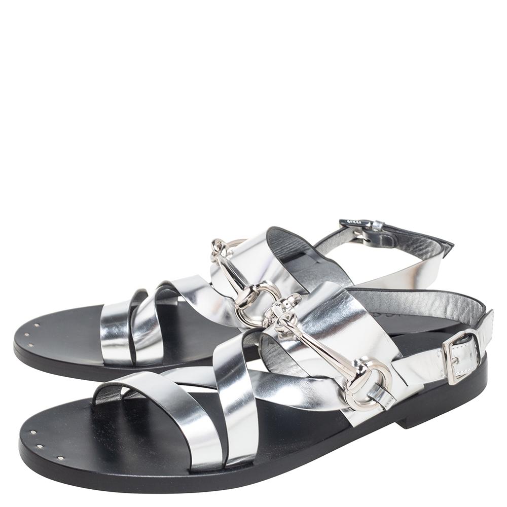 Gucci Silver Leather Horsebit Flat Sandals Size 38 2