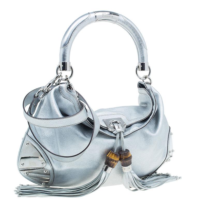 Women's Gucci Silver Leather Indy Top Handle Hobo Bag