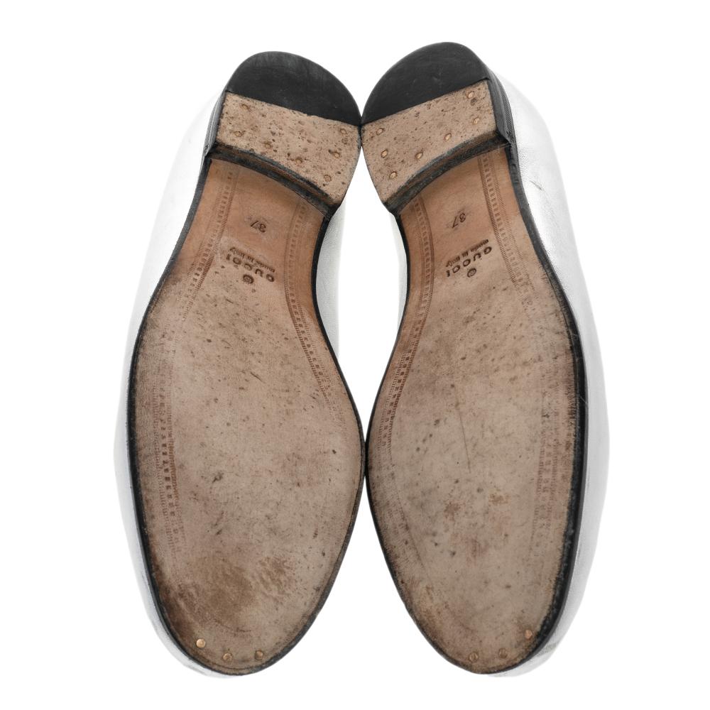 Women's Gucci Silver Leather Jordaan Horsebit Slip On Loafers Size 37