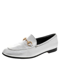 Gucci Silver Leather Jordaan Horsebit Slip On Loafers Size 37