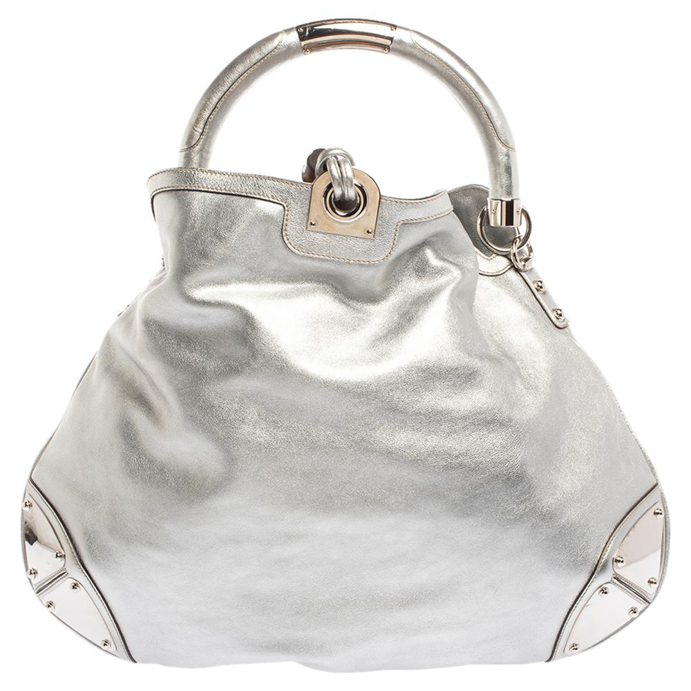 Gucci Silber Leder Große Babouska Indy Hobo Damen