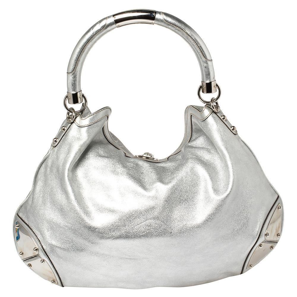 Großes Babouska Indy Hobo-Stück aus Silberleder von Gucci Damen
